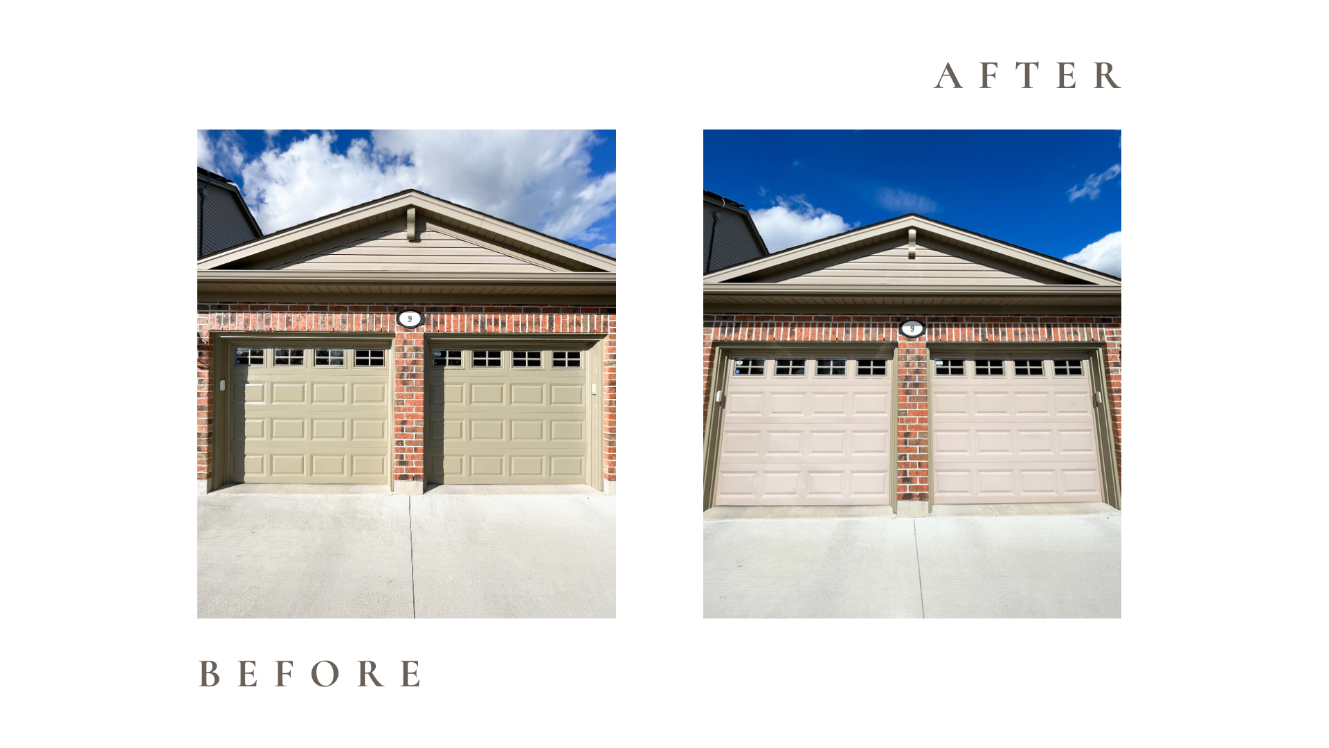 Before and after side by side photos for Moonlight Painters in St. Thomas, Ontario. Exterior garage door painted green